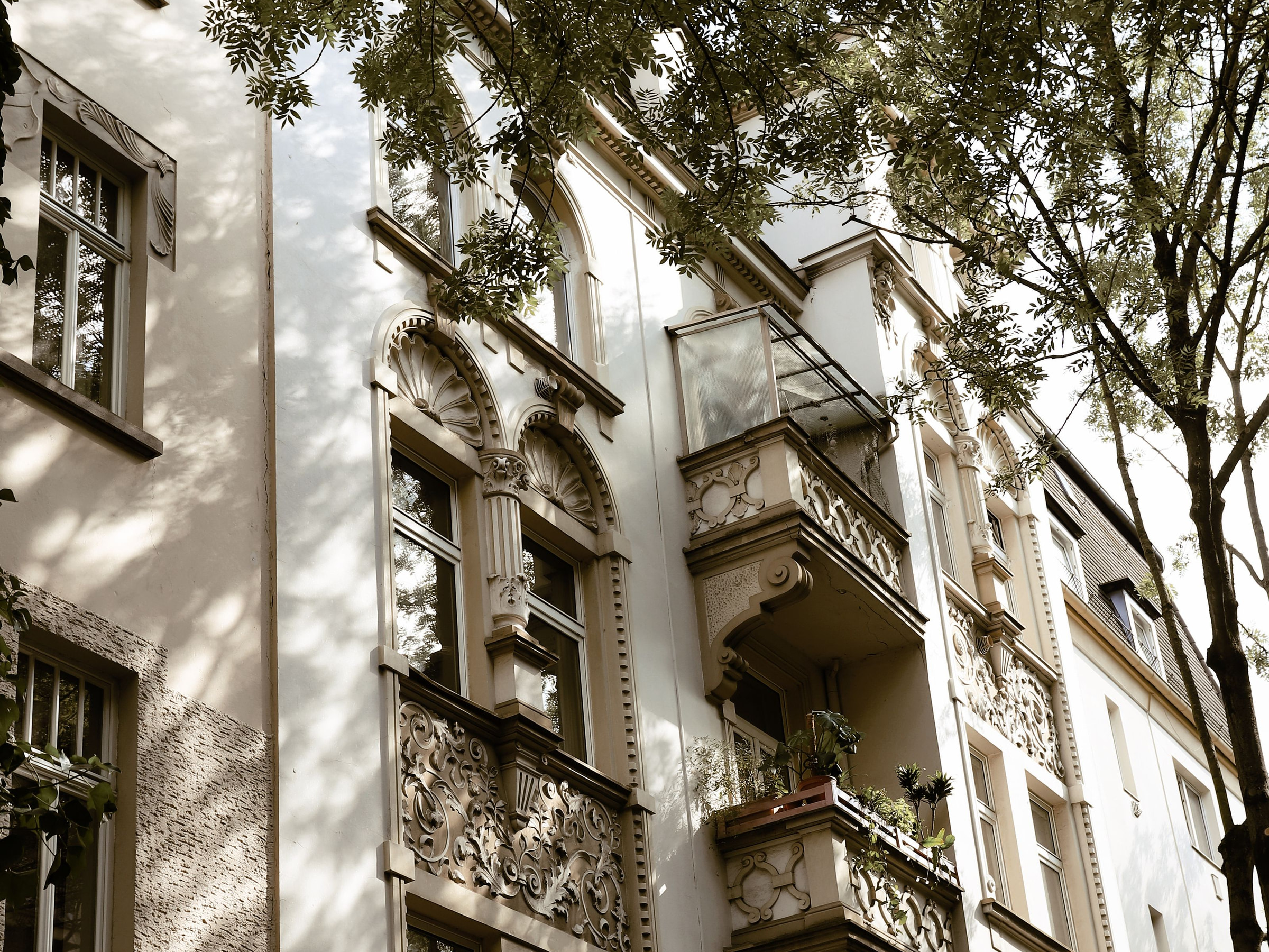 Fassade eines Mehrfamilienhauses, von unten durch Baumkronen fotografiert