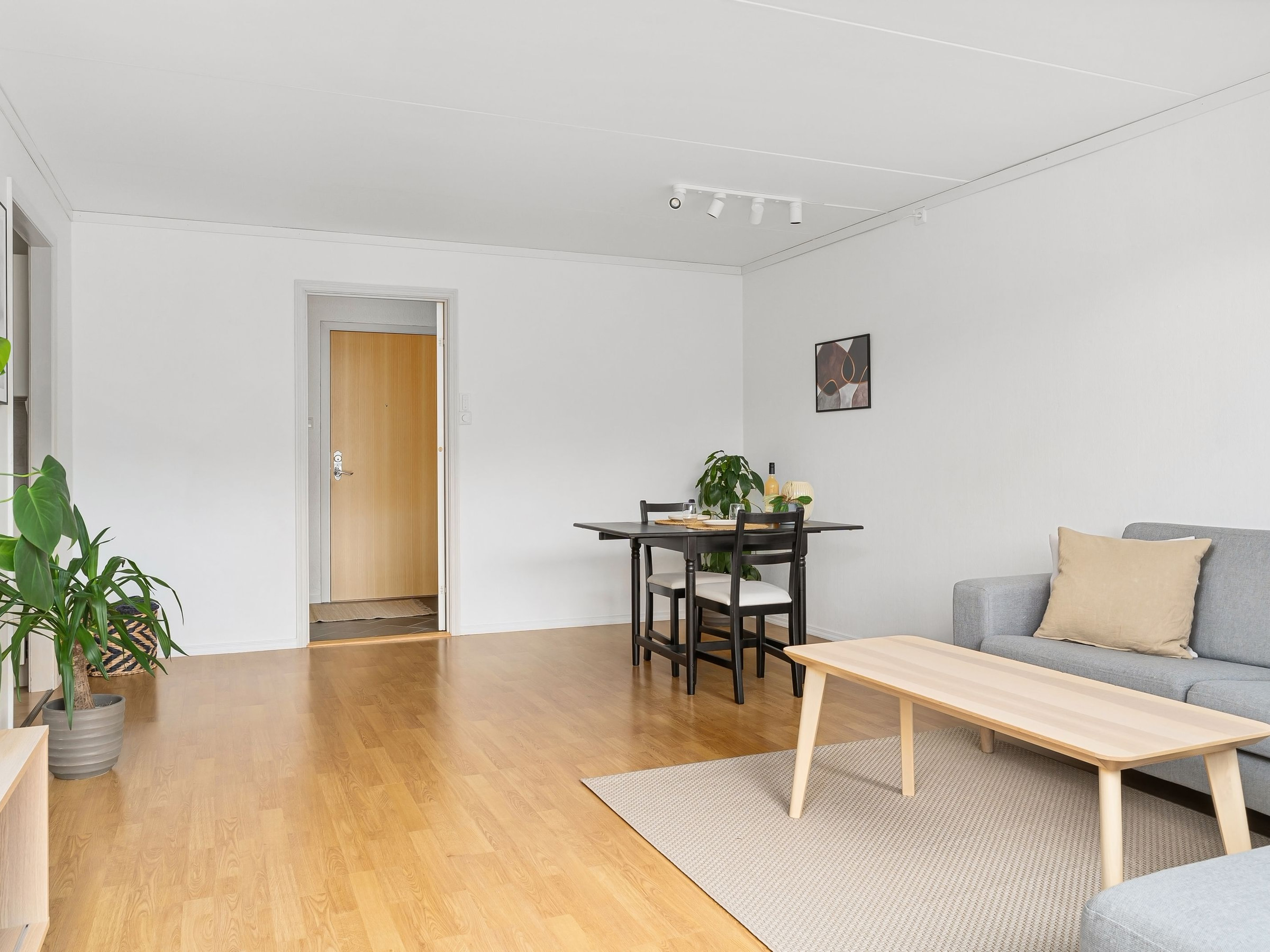 Helles, aufgeräumtes Wohnzimmer mit Holzboden und Sofa