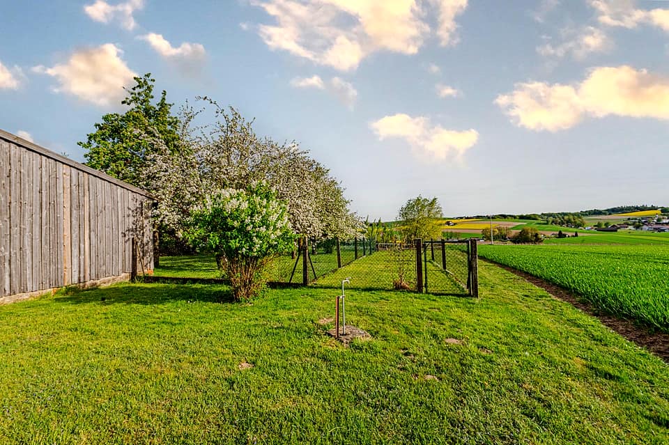 Eingezäunter Garten mit Blick auf das angrenzende Feld